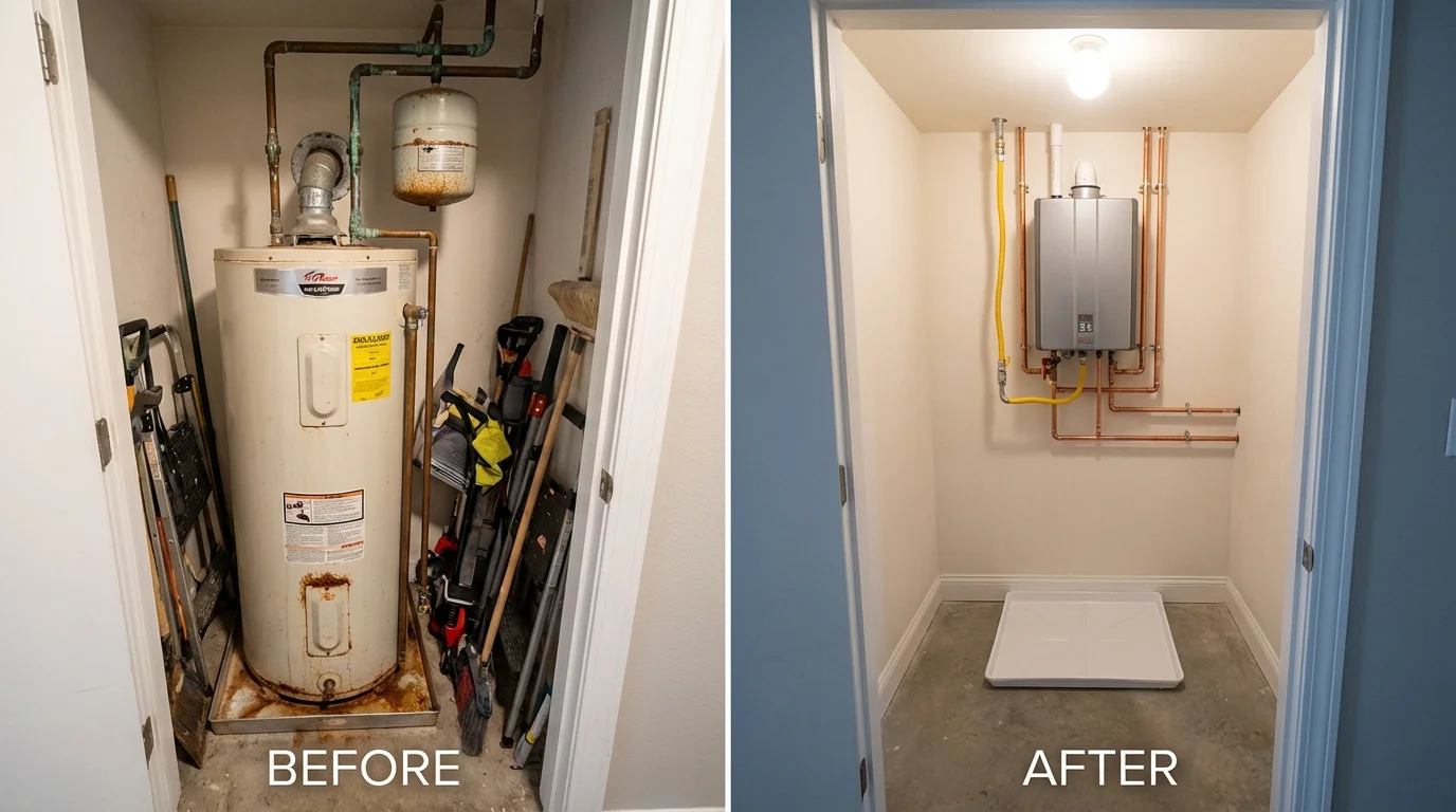Tank water heater versus wall-mounted tankless unit comparison for Wilton, IA homeowners