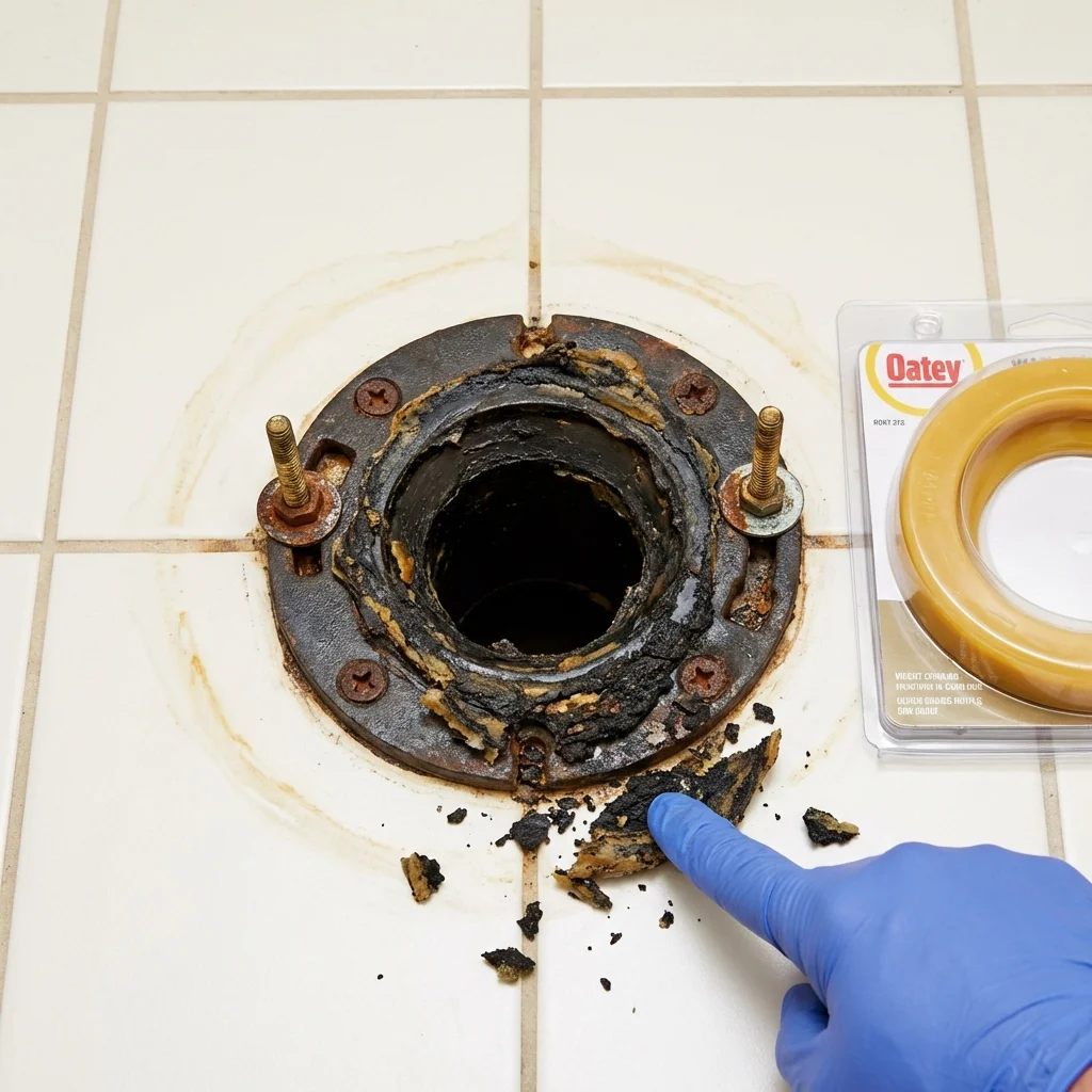 Failed wax ring showing water seepage at the base of a toilet in a Wilton, IA home