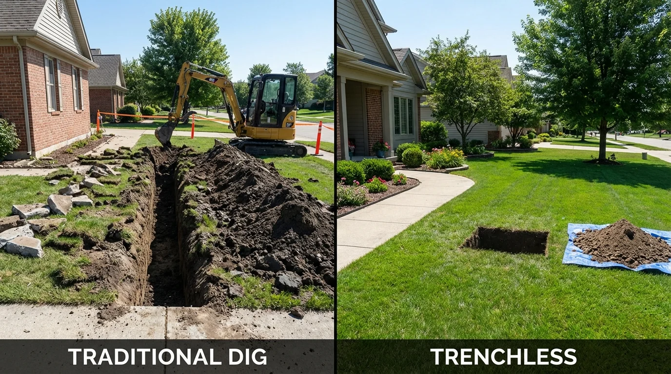 Trenchless sewer repair with minimal yard damage versus traditional excavation in Wilton, IA