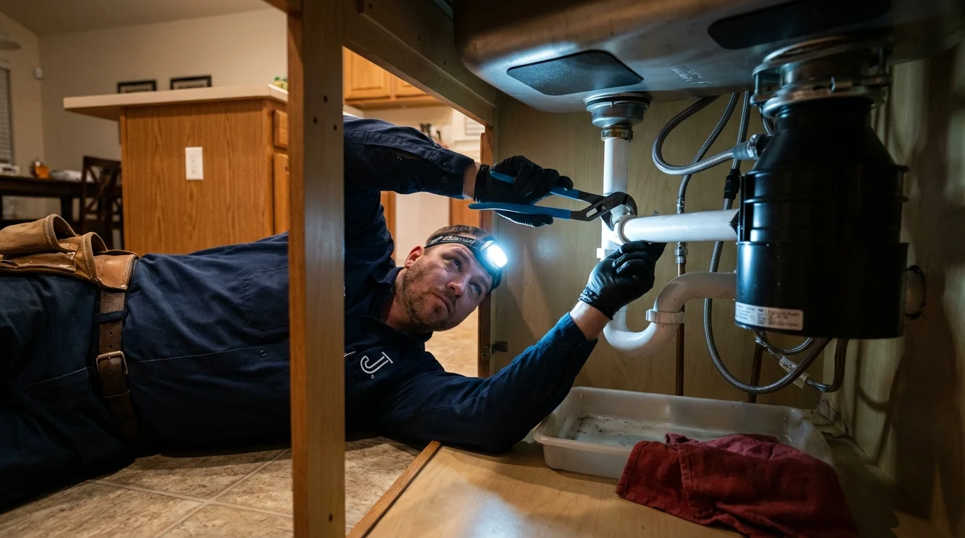 P-trap and supply line connections under a kitchen sink showing a common leak point in Wilton, IA